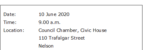 Date:		10 June 2020
Time:		9.00 a.m.
Location:		Council Chamber, Civic House
			110 Trafalgar Street
			Nelson
